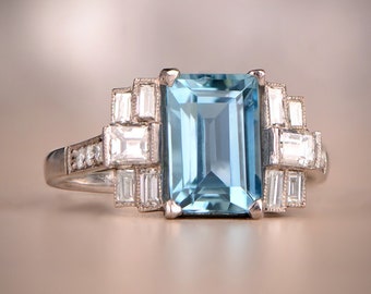 2ct Ring. Emerald Cut Aquamarine and Diamond Engagement Ring. Handcrafted Platinum Ring.