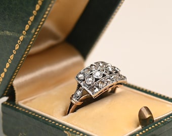 Antique Edwardian Old European Cut and Rose Cut Diamond Ring. Diamond Ring, Circa 1905. Handcrafted in Platinum on an 18k Yellow Gold Ring.