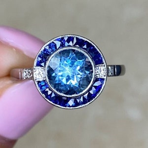 1ct Round Cut Aquamarine Ring with Halo Sapphire Accent. Handcrafted Platinum Ring.