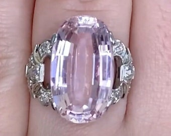 Vintage 12.40ct Cushion Cut Kunzite and Diamond Engagement Ring, Circa 1950. Handcrafted Platinum Ring.