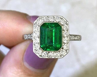 May Birth Stone Ring. 1.80ct Emerald Engagement Ring with Halo Accent. 18K Yellow Gold on Platinum Ring.