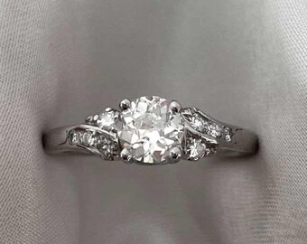 Retro 0.50ct Old European Cut Diamond Ring. Four Prong Set and Four Pave Set Diamond Ring, Circa 1950. Handcrafted in Platinum Ring.