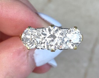 Antique Edwardian Old European Cut Diamond Three Stone Engagement Ring - Intricate 18k Yellow Gold Mounting