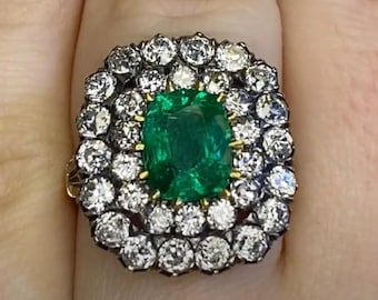 2.09ct Cushion Cut Emerald Ring with a Double Halo Diamond Accent. Handcrafted in Silver on 18K Yellow Gold Ring.