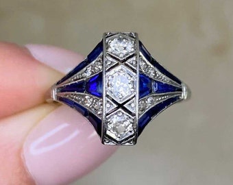 Antique Art Deco 0.53ct Old European Cut Diamond and Sapphire Engagement Ring, Circa 1920. Handcrafted Platinum Ring.