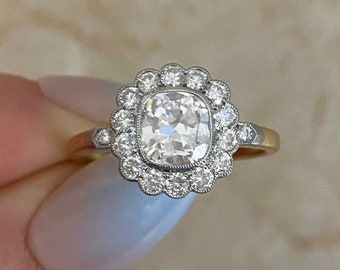 1.01ct GIA-Certified Cushion Cut Diamond Cluster Engagement Ring. Platinum on 18K Yellow Gold Ring.