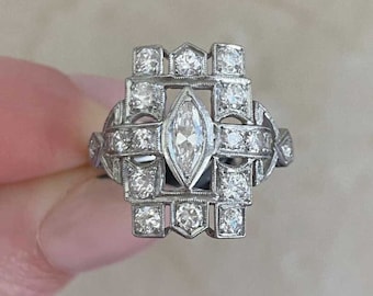 Antique Art Deco 0.30ct Marquise Cut Diamond Ring, Circa 1920. Handcrafted Platinum Ring.