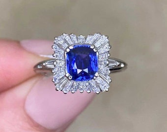 Vintage 1.06ct Cushion Cut Sapphire Engagement Ring with a Halo Diamond Accent, Circa 1960. Handcrafted Platinum Ring.