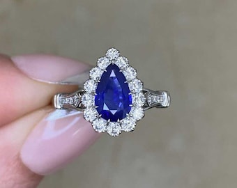 1.06ct Pear-Shape Sapphire Ring with A Halo Diamond Accent. Handcrafted Platinum Ring.