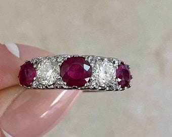 Antique Edwardian 1.95ct Round Cut Ruby and Diamond Ring, Circa 1900. Handcrafted Platinum Ring.