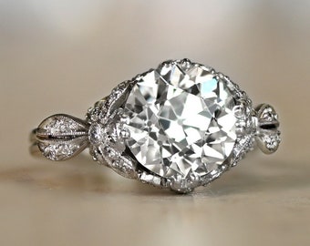 2.97ct Edwardian Style Old European Cut Diamond Ring. Handcrafted Platinum Ring.