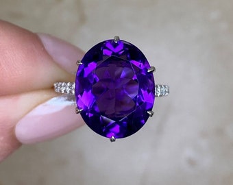 Vintage 6.40ct Oval Cut Amethyst Engagement Ring, Circa 1950. Handcrafted Platinum Ring.