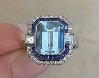 2.78ct Emerald Cut Aquamarine and Sapphire Ring with a Double Halo Diamond Accent. Handcrafted Platinum Ring.