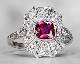 0.97 Carat Cushion Cut Burma Ruby and Diamond Halo Platinum Engagement Ring