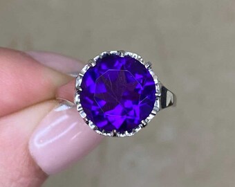 Antique Art Deco 4.25ct Round Cut Amethyst Engagement Ring, Circa 1920. Handcrafted Platinum Ring.