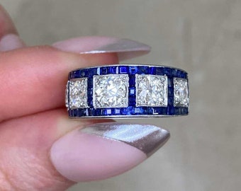 Antique Art Deco 1.10ct Old European Cut Diamond and Sapphire Ring, Circa 1920, Handcrafted Platinum Ring.