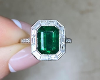 2.66ct Emerald Cut Green Emerald Engagement Ring with a Halo Diamond Accent. Handcrafted Platinum Ring.