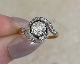 Antique Edwardian 0.85ct Old Mine Cut Diamond Ring. Handcrafted Platinum on 18K Yellow Gold Ring.