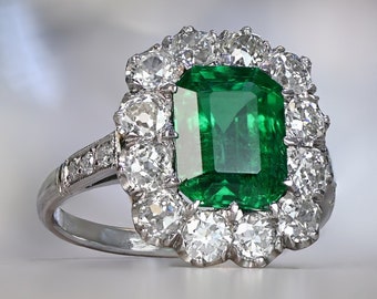 2.18ct Emerald Ring with a Cluster of Old European Cut Diamonds. Handcrafted Platinum Ring.