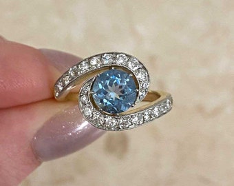 1.15ct Round Cut Edwardian Style Aquamarine and Diamond Engagement Ring. Handcrafted Platinum on 18K Yellow Gold Ring.