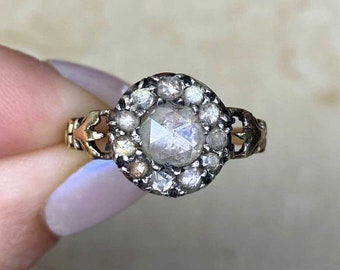 Antique Georgian 0.50ct Rose Cut Diamond Engagement Ring, Circa 1810. Handcrafted in Silver on 18K Yellow Gold Ring.