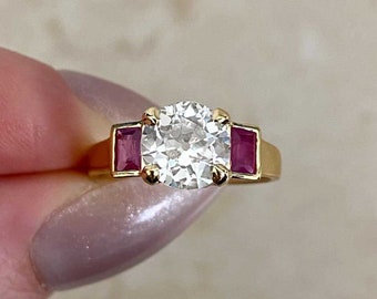 1.64ct Old European Cut Diamond and Ruby Engagement Ring. Handcrafted in 18K Yellow Gold Ring.