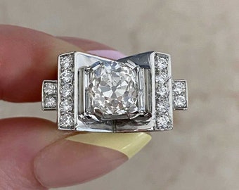 Vintage 3.05ct GIA-Certified Antique Cushion Cut Diamond Ring, Circa 1945. Handcrafted Platinum Ring.