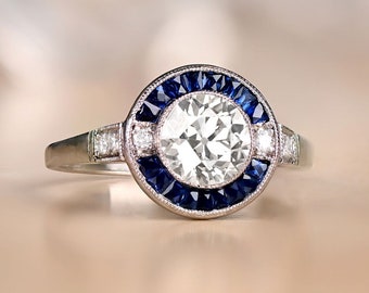 1.07ct Old European Cut Diamond Engagement Ring. Halo Sapphire on Platinum Ring.