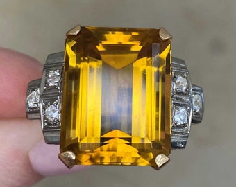 Antique Retro 12.40ct Emerald Cut Citrine and Diamond Ring, Circa 1940. Handcrafted in 18K Yellow Gold Ring.