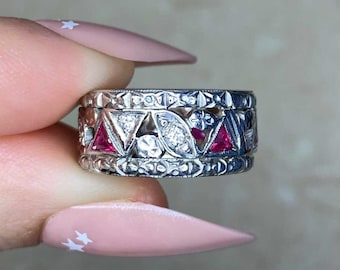 Antique Art Deco Triangular French Cut Diamond and Ruby Band, Circa 1935. Handcrafted Platinum and White Gold Band.