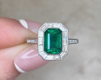 1.54ct Emerald Cut Emerald Engagement Ring with a Halo Diamond Accent. Handcrafted Platinum Ring.