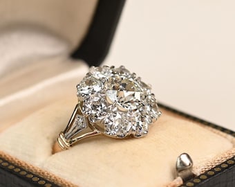 1center-ct Old European Cut Diamond Engagement Ring. Floral Cluster Diamond Ring. Handcrafted in Platinum on an 18K Yellow Gold Ring.