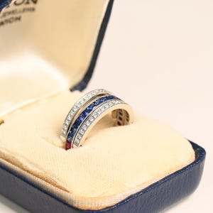 0.65ct-TotalWeight French Cut Sapphires and Ruby Wedding Band. Unique Design Sapphire Wedding Band. Handcrafted 14K White Gold Wedding Band.