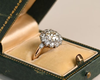 1center-ct Old European Cut Cluster Diamond Ring. Prong Set Diamond Ring. Cluster and Halo Diamond Ring. Platinum on 18K Yellow Gold Ring.