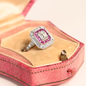 0.50center-ct Emerald Cut Diamond Engagement Ring. J Color and VS1 Clarity. Double Halo of Diamond and Ruby Ring. Handcrafted Platinum Ring.
