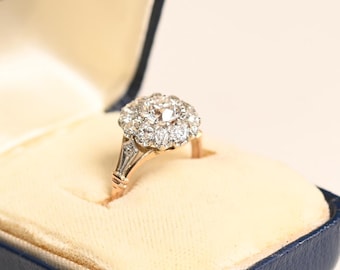 0.95center-ct Old European Cut Diamond Engagement Ring. Cluster Engagement Diamond Ring. Handcrafted in Platinum and Yellow Gold Ring.
