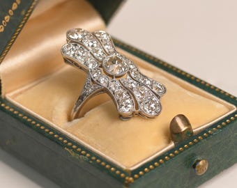 Antique Art Deco Ring. 0.55center-ct Array Old European Cut Diamond Ring. Elongated Diamond Ring, Circa 1920. Handcrafted in Platinum Ring.