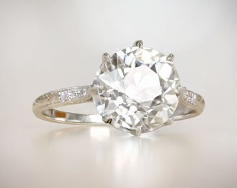 Antique Art Deco 3.29ct Old European Cut Diamond Engagement Ring, Circa 1920. Handcrafted Platinum Ring.