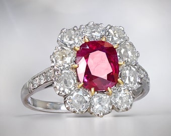 Unheated Genuine Ruby Ring | 1.46-Carat Ruby Ring | Handcrafted Platinum Ring with Diamond Halo Accent.
