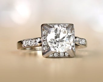 Vintage Retro 1.42ct GIA Certified Old European Cut Diamond Ring, Circa 1940. Handcrafted 18K White Gold Ring.