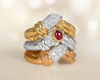 0.28ct Cabochon Ruby and Diamond Ring, Circa 1970. 18K Yellow Pink, and White Gold Ring.