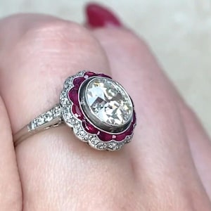 1.75center-ct Old European Cut Diamond Ring. Double Halo of Natural-Cut Rubies Accent. Handcrafted Platinum Ring. K Color and VS1 Clarity.
