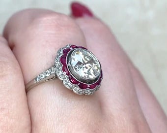 1center-ct Old European Cut Diamond Ring. K Color and VS1 Clarity. Double Halo of Natural-Cut Rubies Accent. Handcrafted Platinum Ring.
