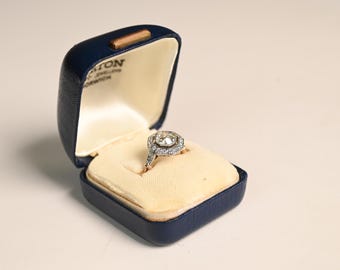 1center-ct GIA-Certified Old European Cut Diamond Engagement Ring. Octagon-Shaped Halo of Diamond Ring. Platinum on 18K Yellow Gold Ring.