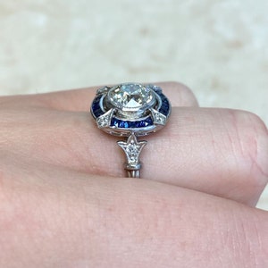 1.31ct Art Deco Style Old European Cut Diamond Engagement Ring with Halo Sapphire Accent. Platinum Ring. image 8