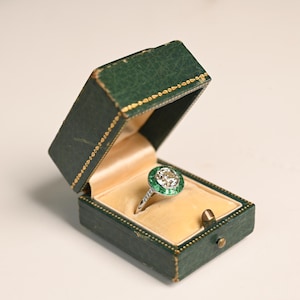 2.70center-ct Art Deco Style Old European Cut Diamond Engagement Ring with a Halo Emerald Accent. Handcrafted Platinum Ring.