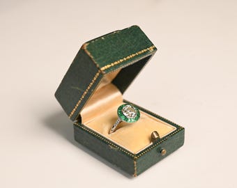 GIA-Certified. 2.00center-ct Old European Cut Diamond Engagement Ring. Halo of Calibre Emerald Ring. Pave Set Diamond Ring. Platinum Ring.