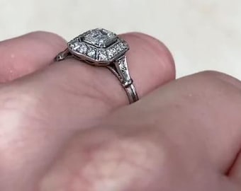 0.50ct Emerald Cut GIA-Certified Diamond Ring. I Color, VS2 Clarity Diamond Ring. Halo Old European Cut Ring. Handcrafted in Platinum Ring.