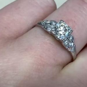 0.71center-ct Old European Cut Diamond Engagement Ring. Prong Set Diamond Ring, Circa 1950. 18K White Gold Ring J Color and VS1 Clarity.
