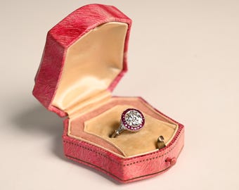 Antique 1center-ct Old European Cut Diamond Ring. Circa 1910. Bezel-Set Diamond Ring. Halo of Ruby Ring. Handcrafted in Platinum Ring.